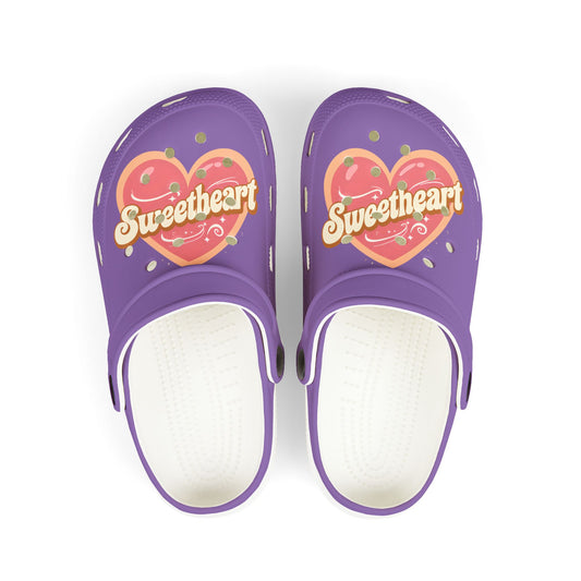 Kids Purple "Sweetheart" Foam Clogs — Cute Heart Graphic Slip-On Shoes