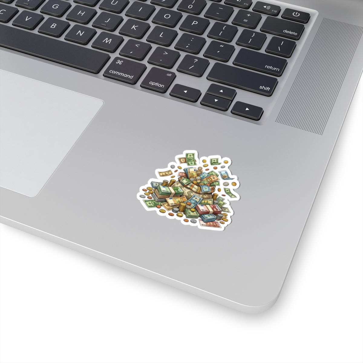 Money Pile Kiss-Cut Sticker — Cash & Coins Illustration Laptop Decal