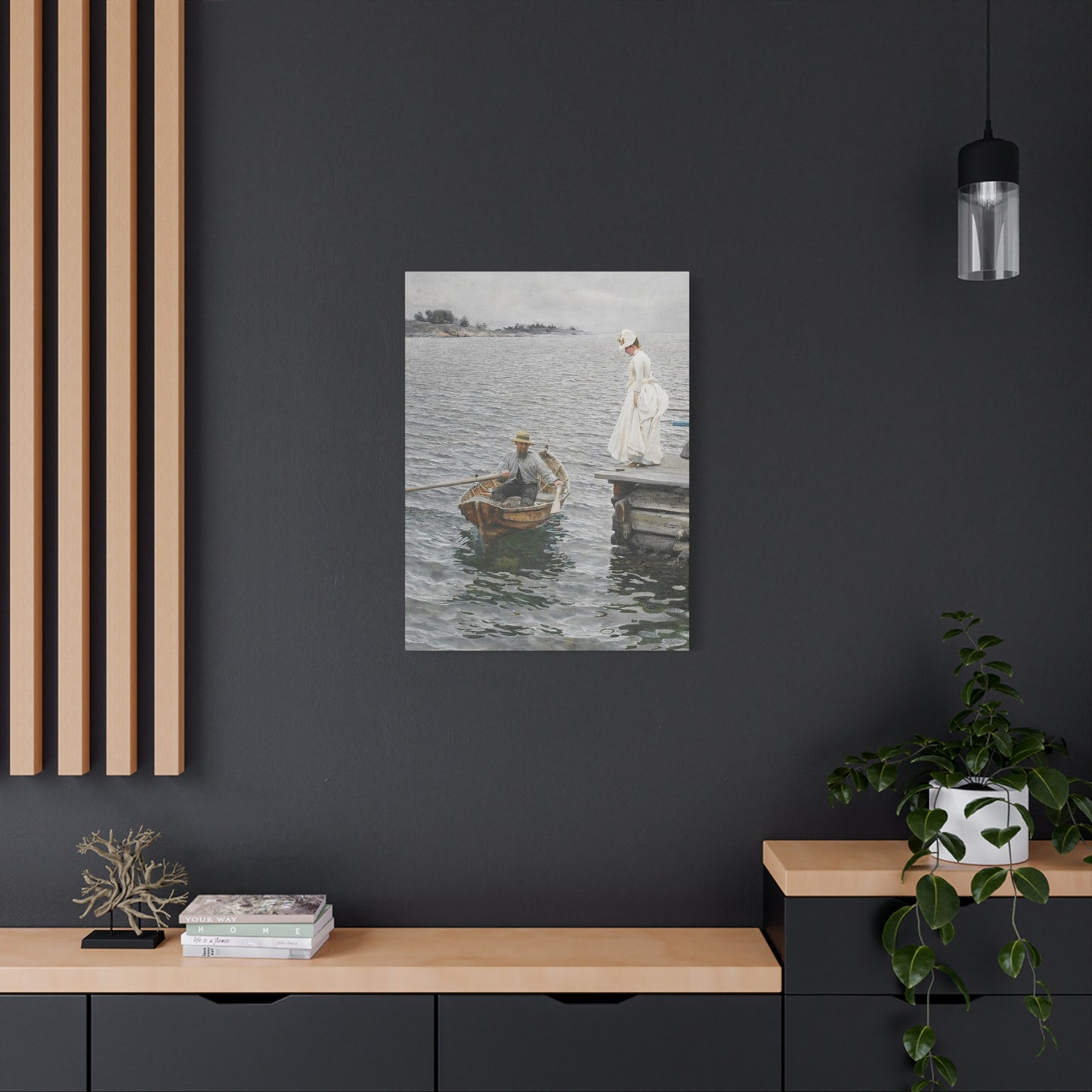 Seaside Stroll Canvas Print — Vintage Woman & Rowboat Matte Stretched Art 1.25"