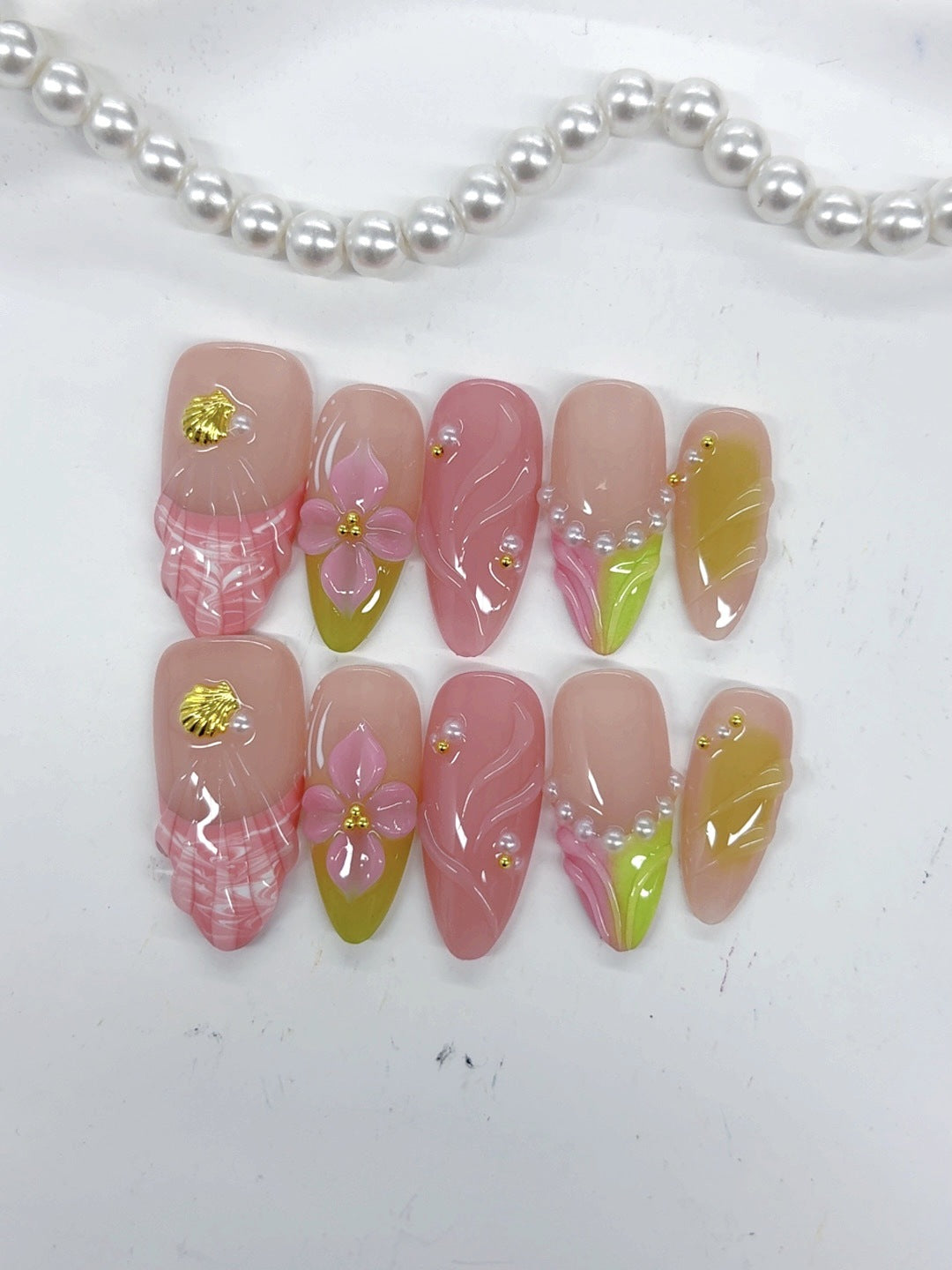 Mermaid Shell Floral: "Pink & Pearl" – Almond Press-On Nails – Image 6