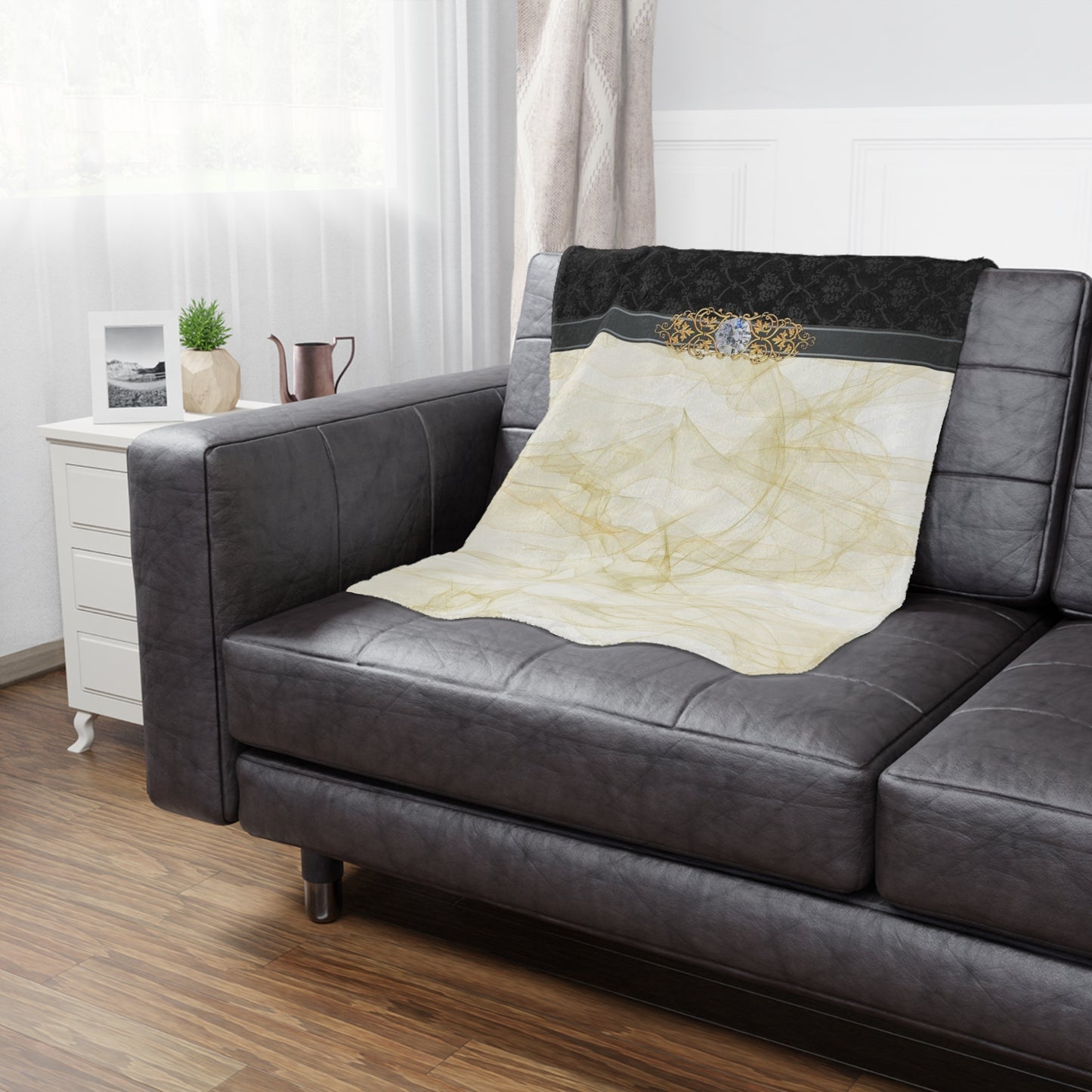 Luxury Gold Smoke Minky Blanket — Elegant Damask Accent with Ornate Gem Detail