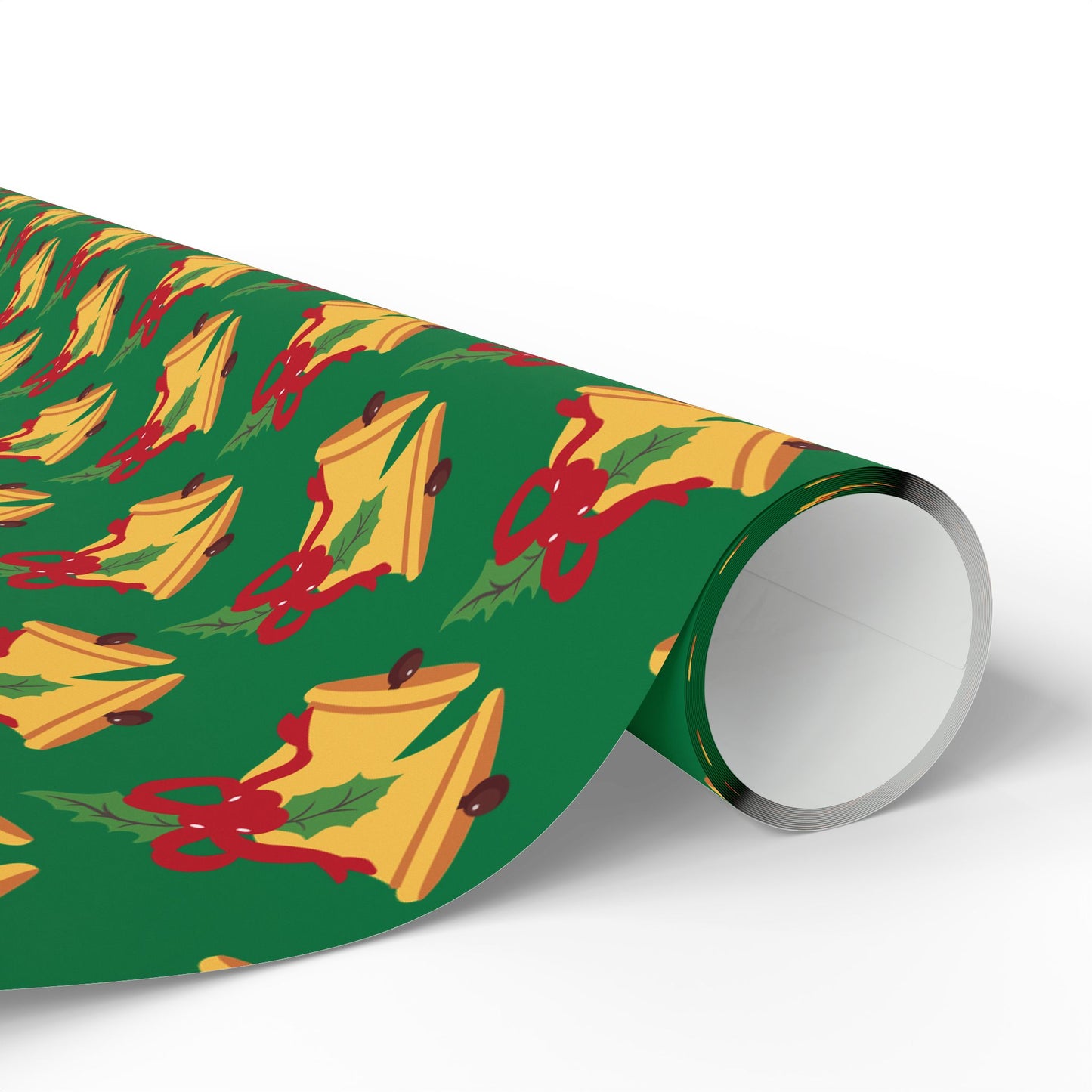 Christmas Bells Wrapping Paper Roll — Green Holly Holiday Gift Wrap