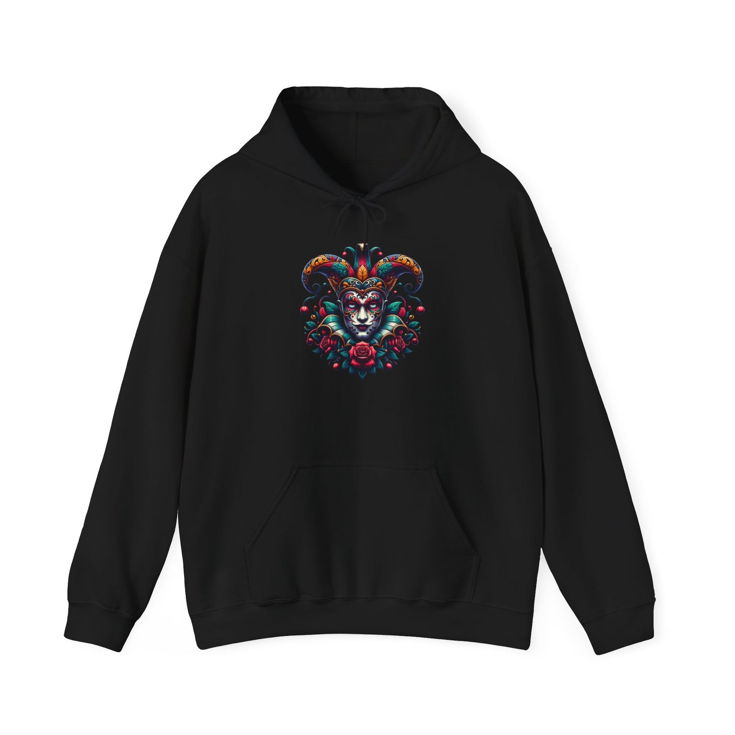 Colorful Jester Hoodie, Unique Graphic Sweatshirt, Cozy Unisex Apparel, Perfect for Festivals and Celebrations, Great Gift Idea