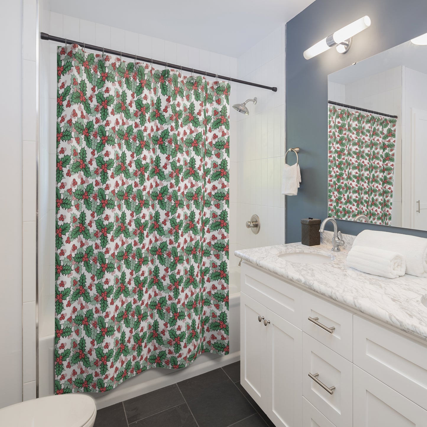 Festive Holly Shower Curtains | Holiday Bathroom Decor, Christmas Gift, Winter Home Accents, Seasonal Decoration, Merry & Bright