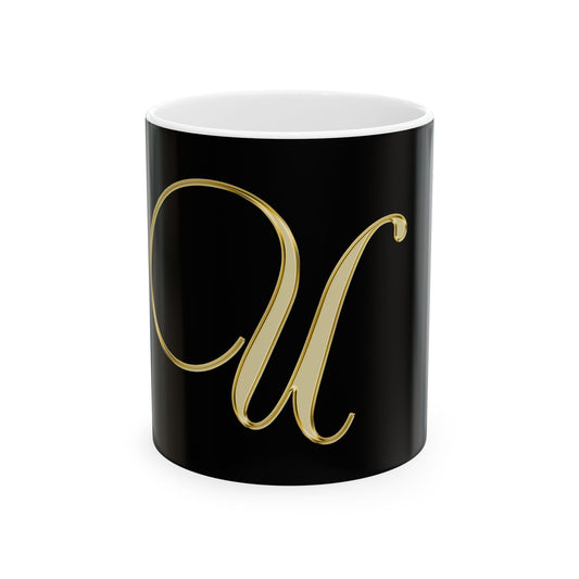 Monogram U Gold Script Ceramic Mug — Elegant Black & Gold Initial Coffee Cup (11oz, 15oz)