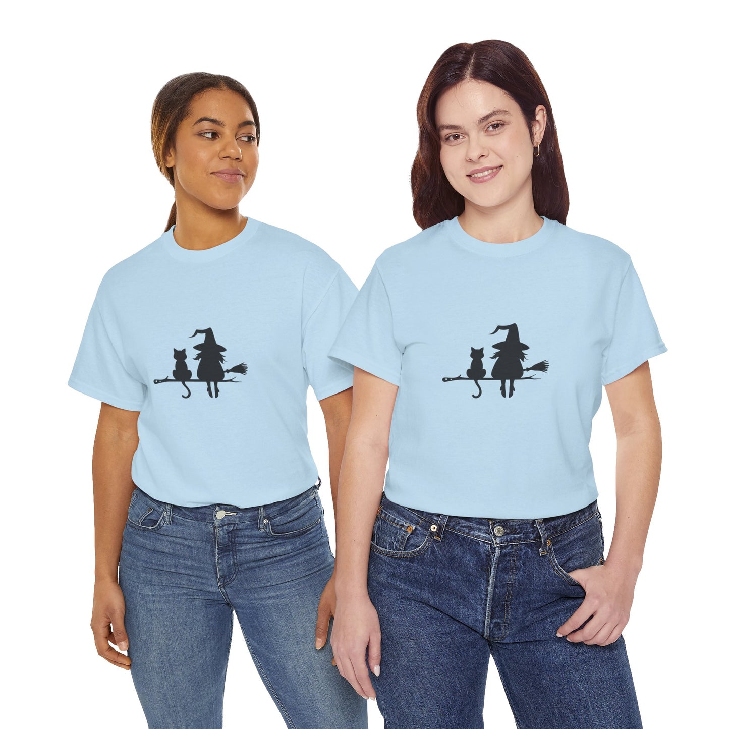 Witch and Cat Tee | Spooky Unisex Shirt for Halloween | Cute Witchwear for Cat Lovers | Fall Wardrobe Essential | Gift for Magical Friends