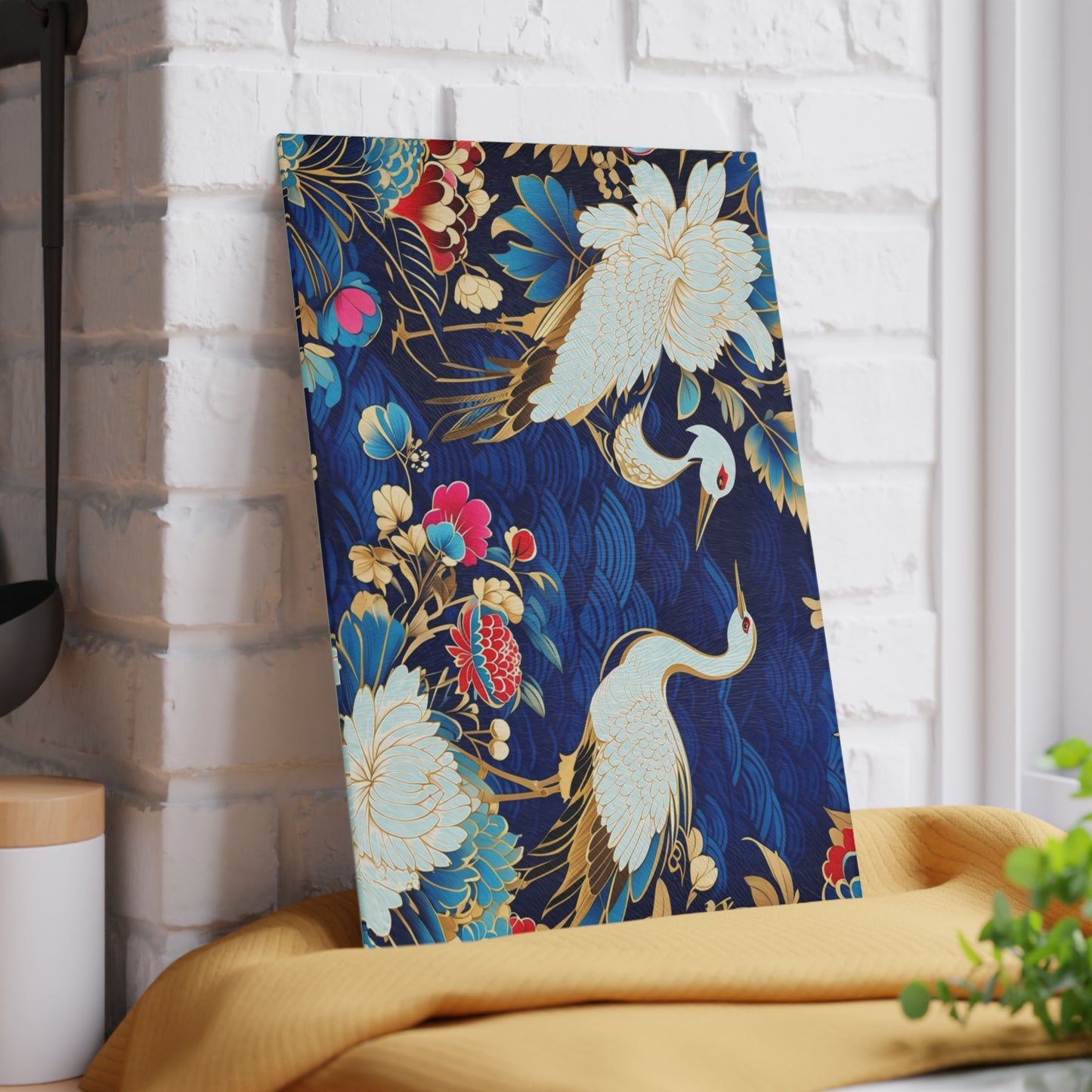 Glass Cutting Board - Elegant Japanese Crane & Peony Floral Pattern