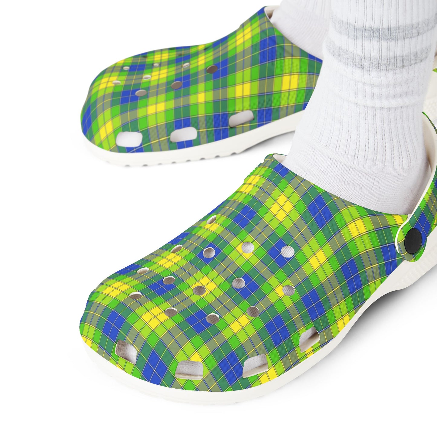 Plaid Green & Blue EVA Foam Clogs — Lightweight Garden & Beach Shoes