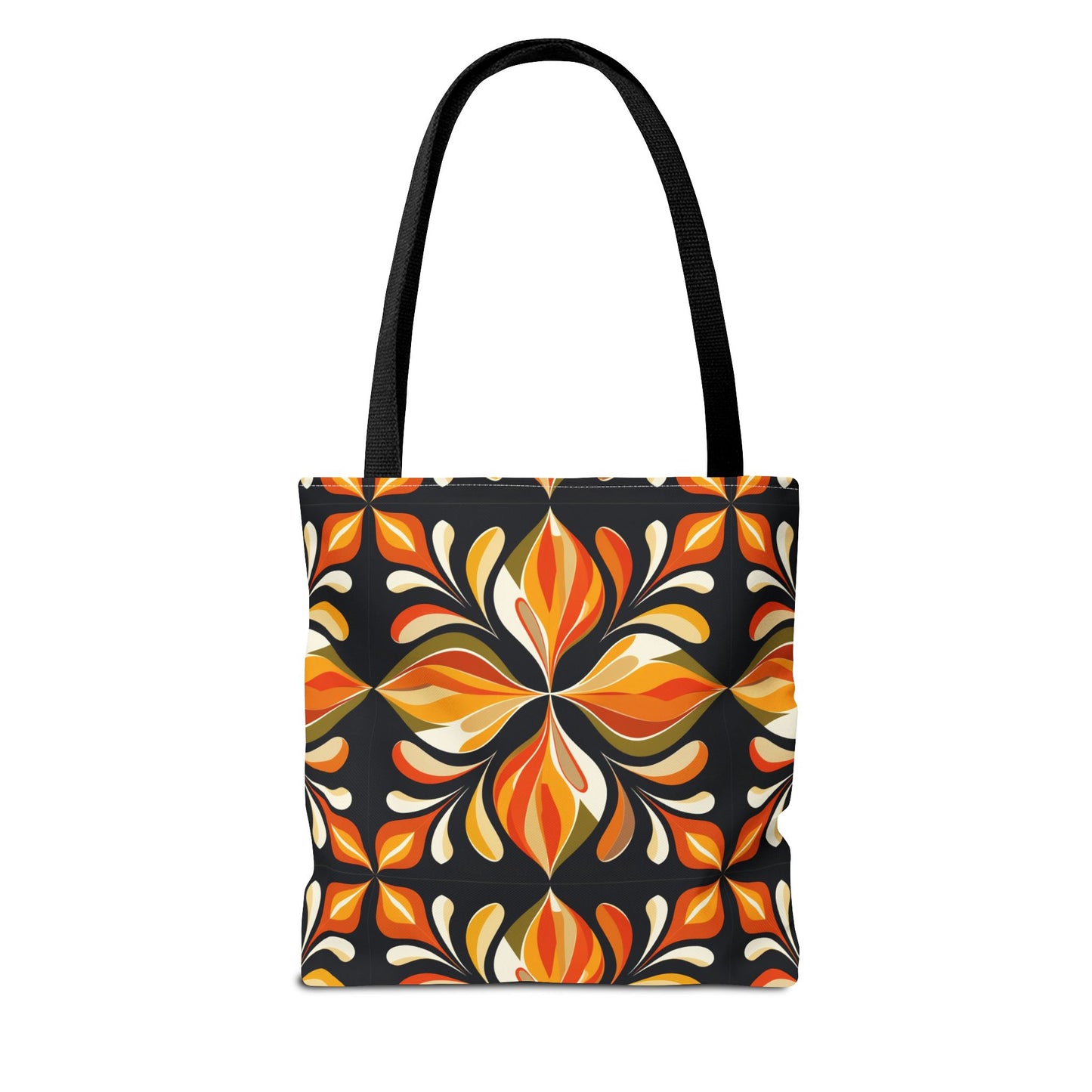 Retro Floral Tote Bag — Orange & Black Boho Pattern