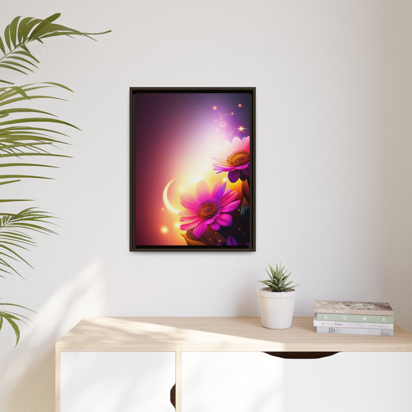 Framed Floral Canvas Art — Pink Daisies Sunset Wall Print