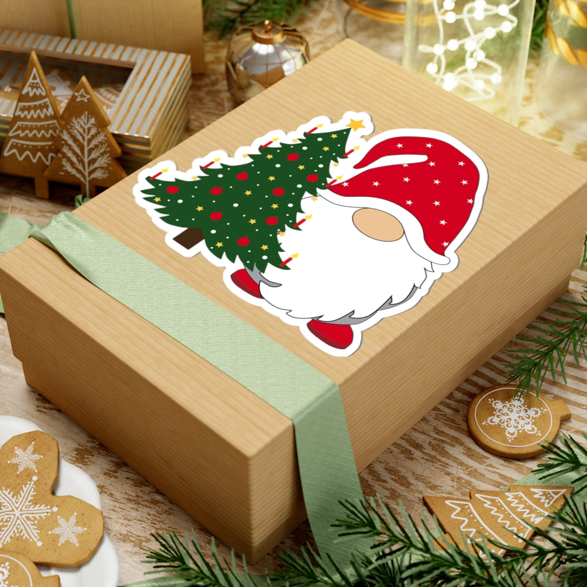 Christmas Gnome Kiss-Cut Sticker – Santa Hat & Decorated Tree Holiday Decal