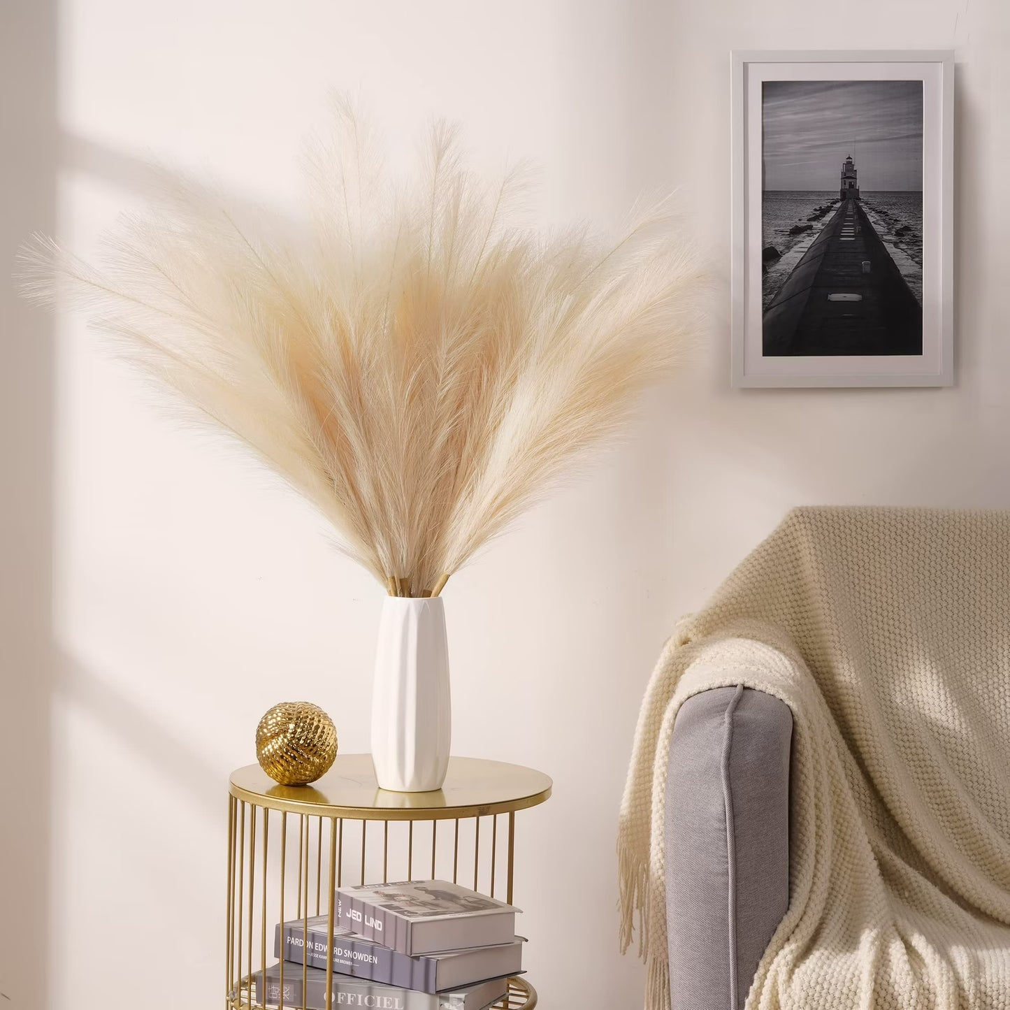 8pcs Faux Pampas Grass 38"/3.1FT Tall Fake Pampas Floral Large Artificial Natural Pompous Grass Plants for Floor Vase Filler Home Boho Decor - Beige