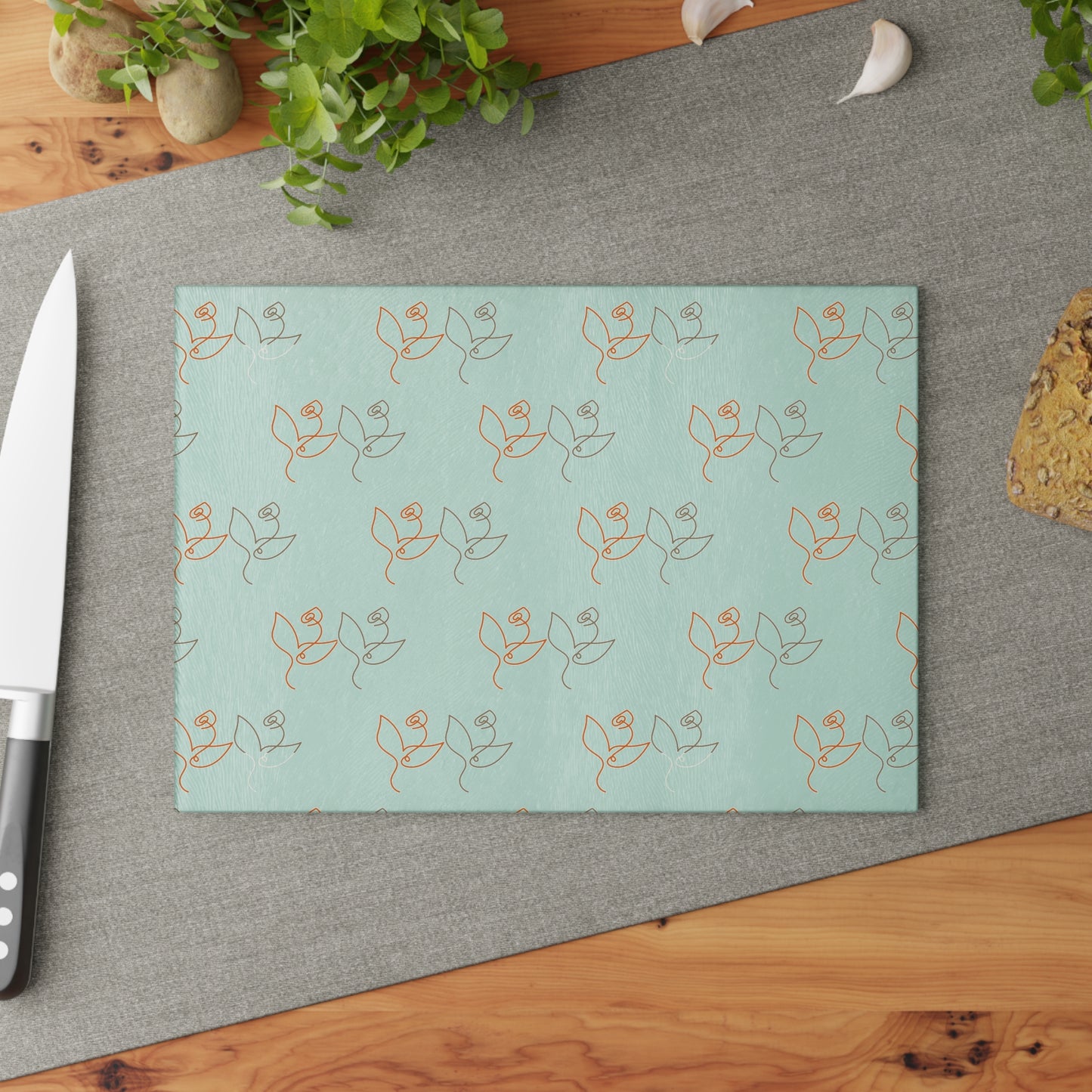 Floral Line Art Glass Cutting Board — Minimal Rose Pattern on Mint or White