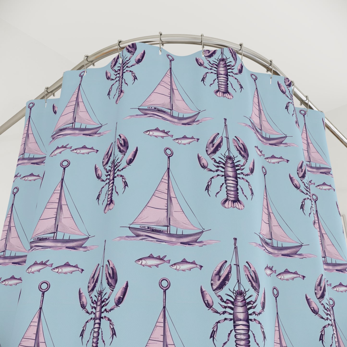 Nautical Lobster & Sailboat Shower Curtain — Pastel Blue Coastal Bathroom Decor