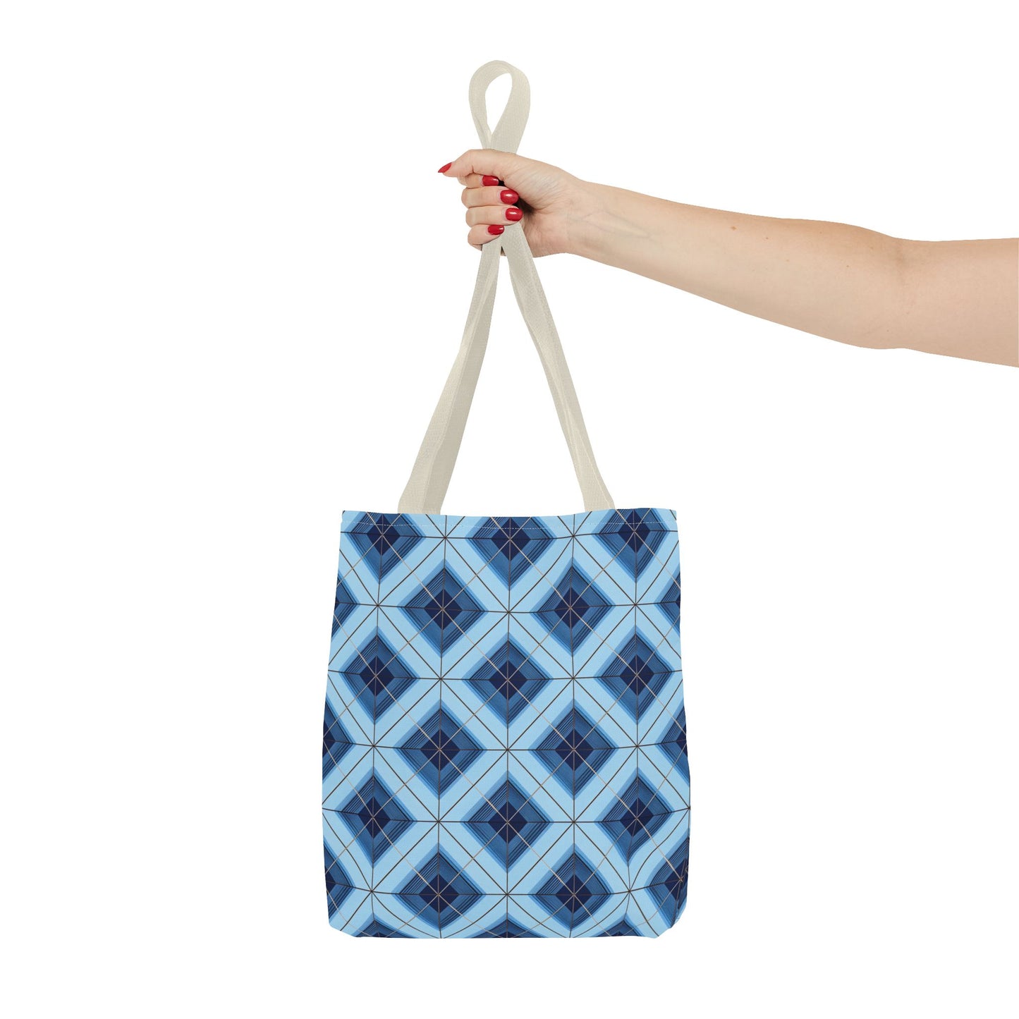 Blue Geometric Tote Bag — Repeating Diamond Pattern AOP