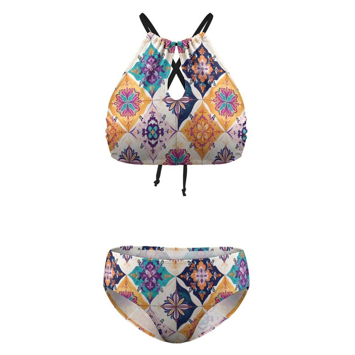 Women's Two piece Swimsuit with High Neck Halter Top Multlicolor