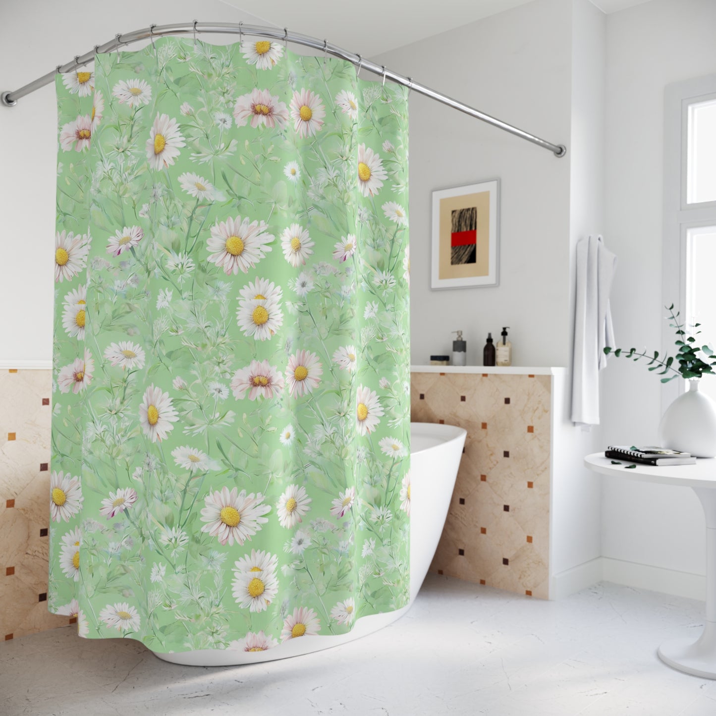 Daisy Meadow Shower Curtain — Pastel Green Floral Bath Curtain
