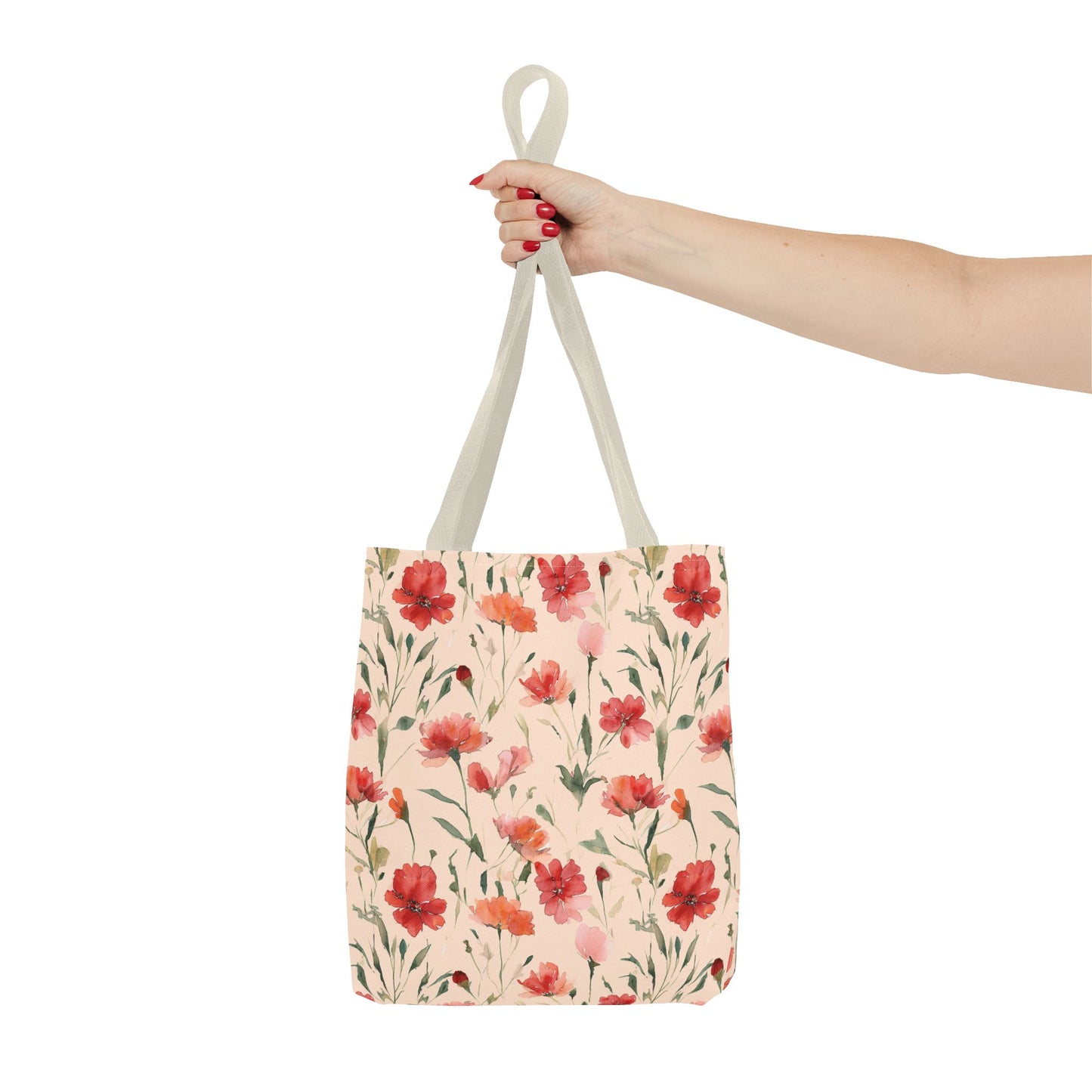 Floral Watercolor Tote Bag — Pink Red Poppy Pattern All-Over Print