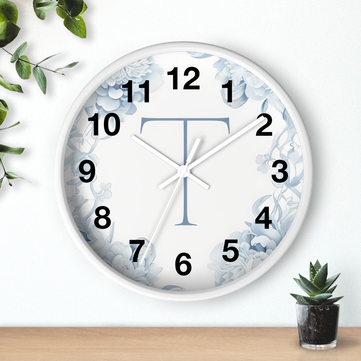 Monogram T Floral Wall Clock — Elegant Blue Initial T Home Decor