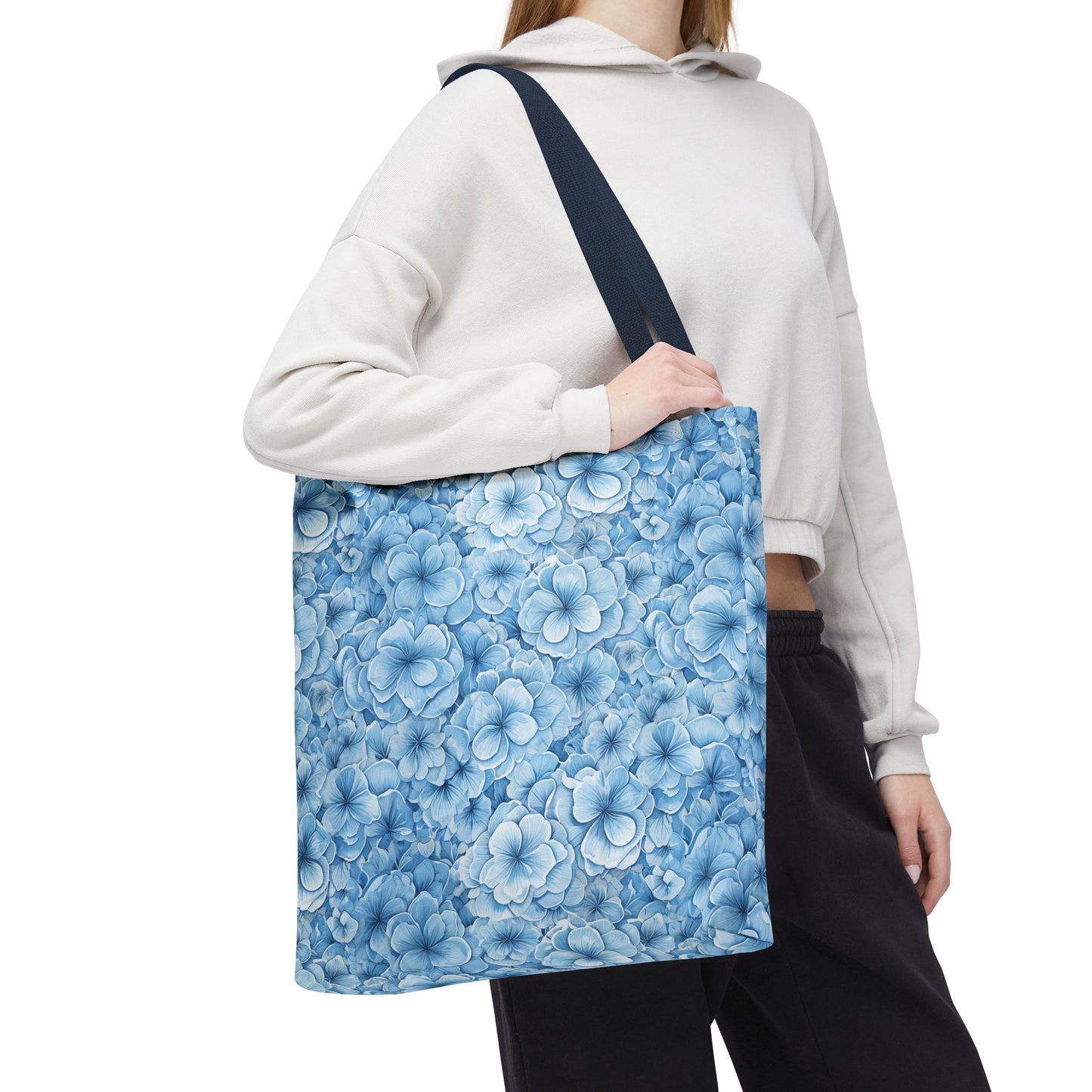 Blue Watercolor Floral Tote Bag — Reusable Flower Pattern Shopper