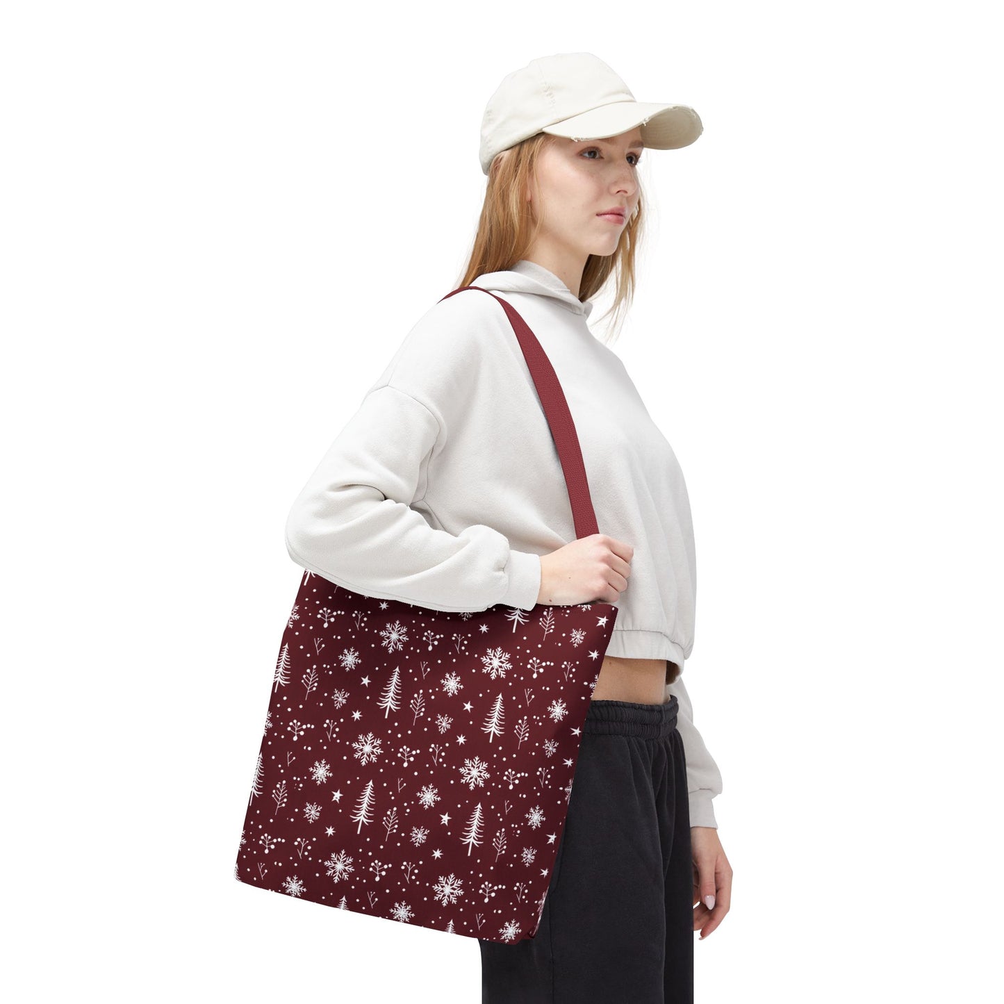 Christmas Snowflake Tote Bag – Burgundy Holiday Patterned Carryall