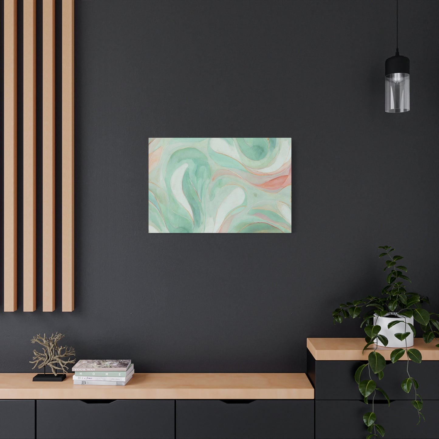 Abstract Green Marble Canvas Print — Teal & Coral Swirl Wall Art