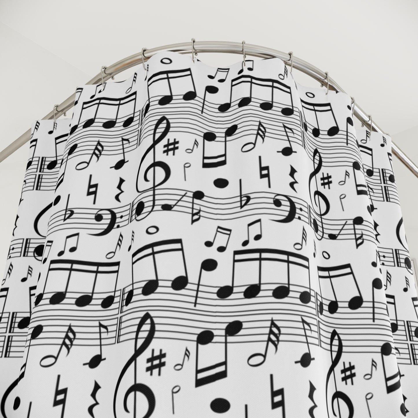 Music Notes Shower Curtain — Black & White Musical Score Bathroom Decor