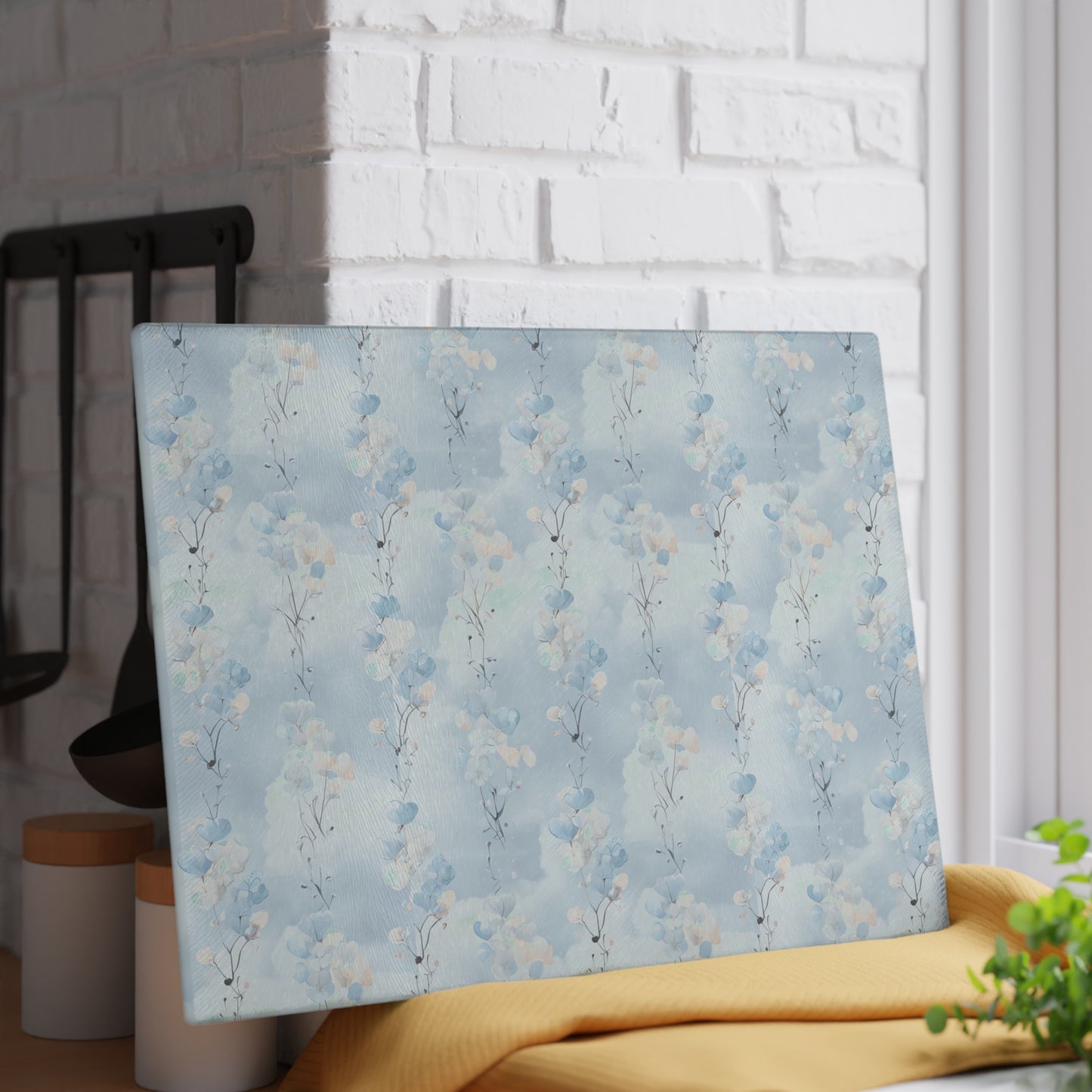 Glass Cutting Board — Soft Blue Watercolor Floral Pattern