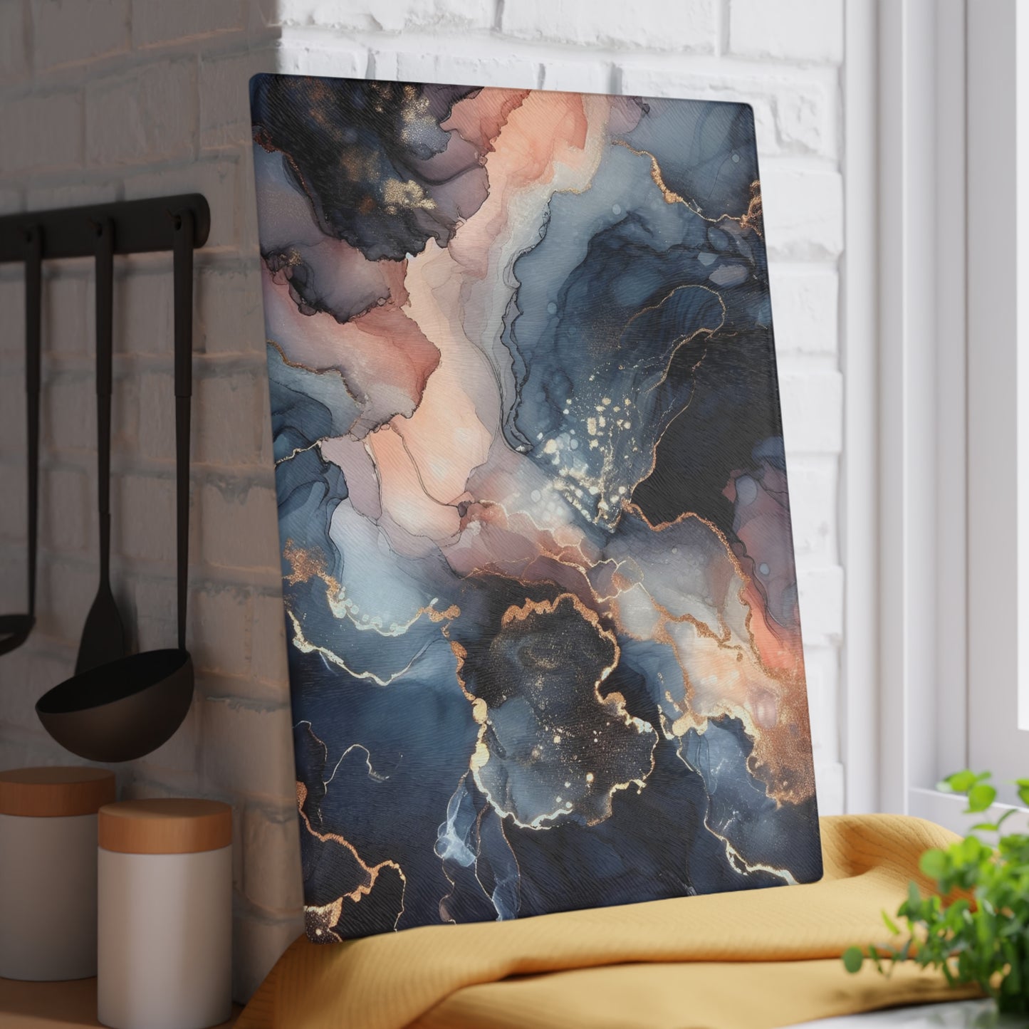 Tempera Marble Glass Cutting Board — Elegant Blue, Pink & Gold Kitchen Decor