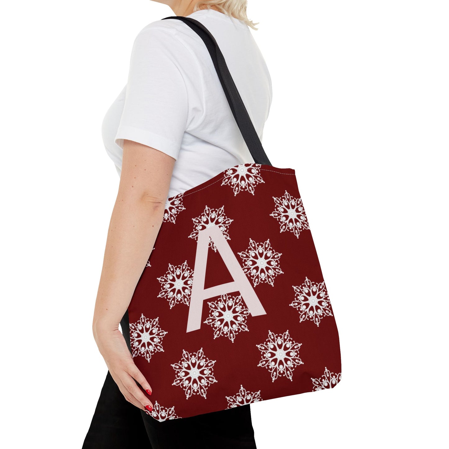 Monogram A Snowflake Tote Bag — Personalized Holiday AOP Tote