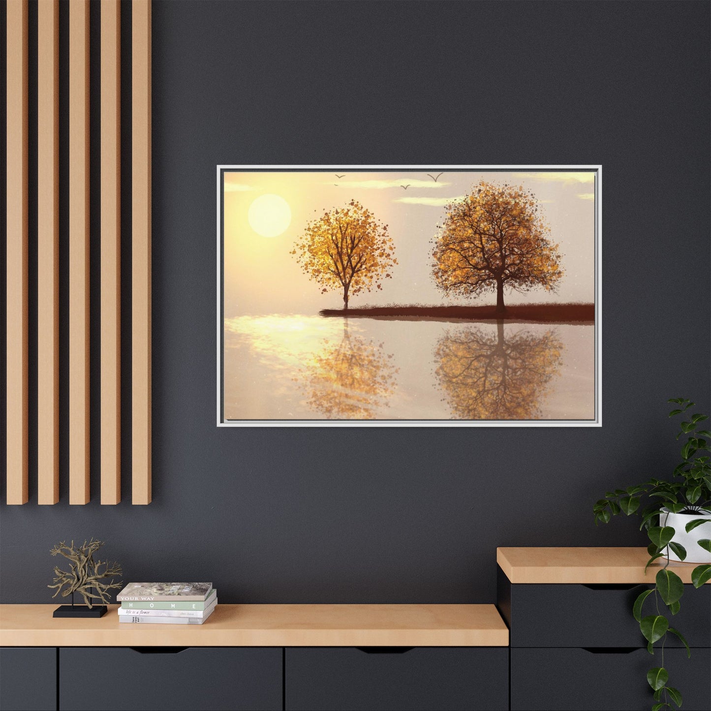 Framed Matte Canvas Wall Art — Golden Autumn Trees Reflection