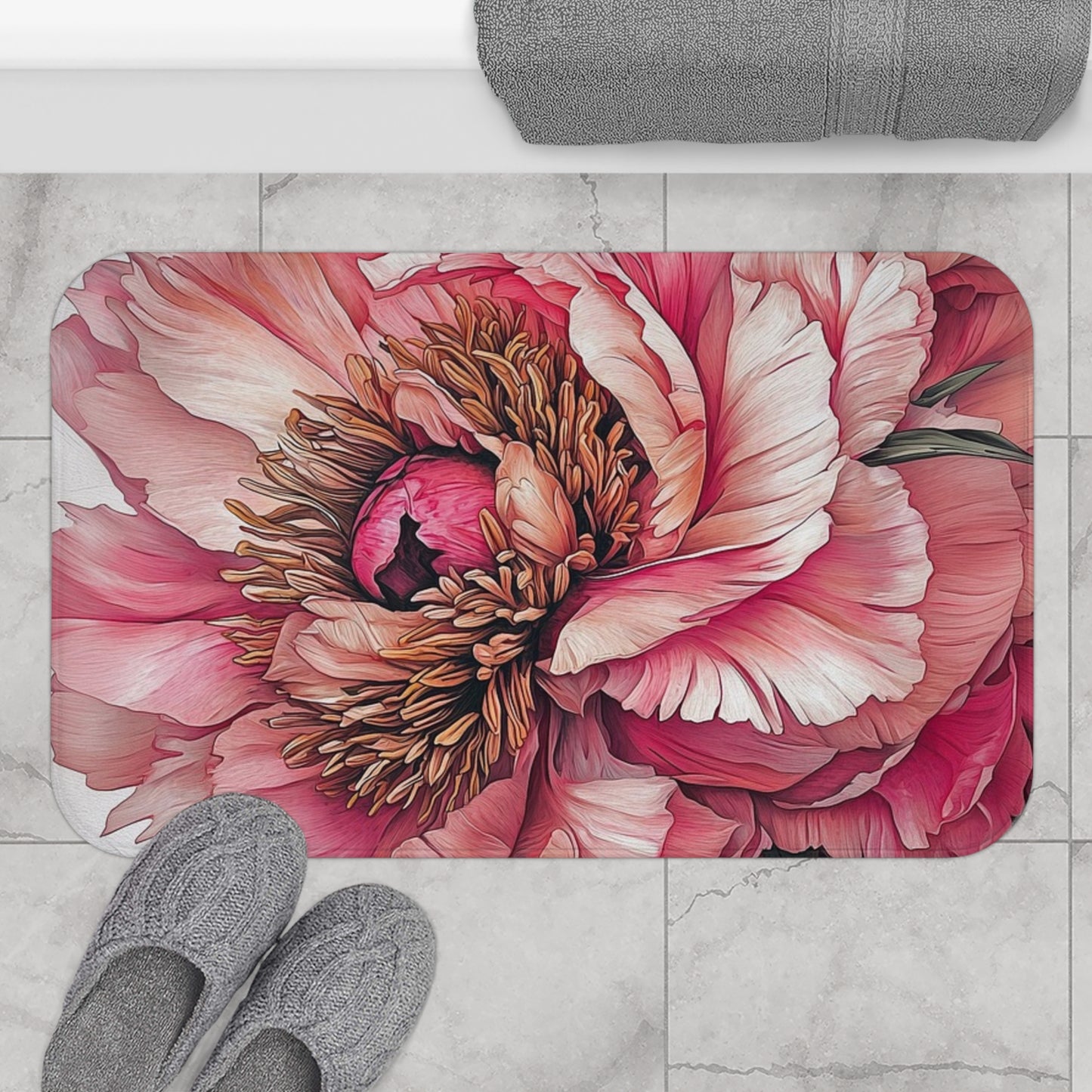 Floral Bathroom Bath Mat, Boho Home Decor, Flower Design, Pink Peony Rug, Mother's Day Gift, Cozy Bathroom
