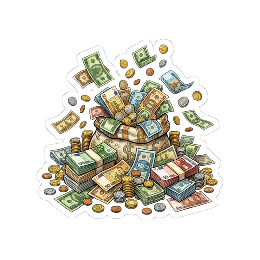 Money Pile Kiss-Cut Sticker — Cash & Coins Illustration Laptop Decal
