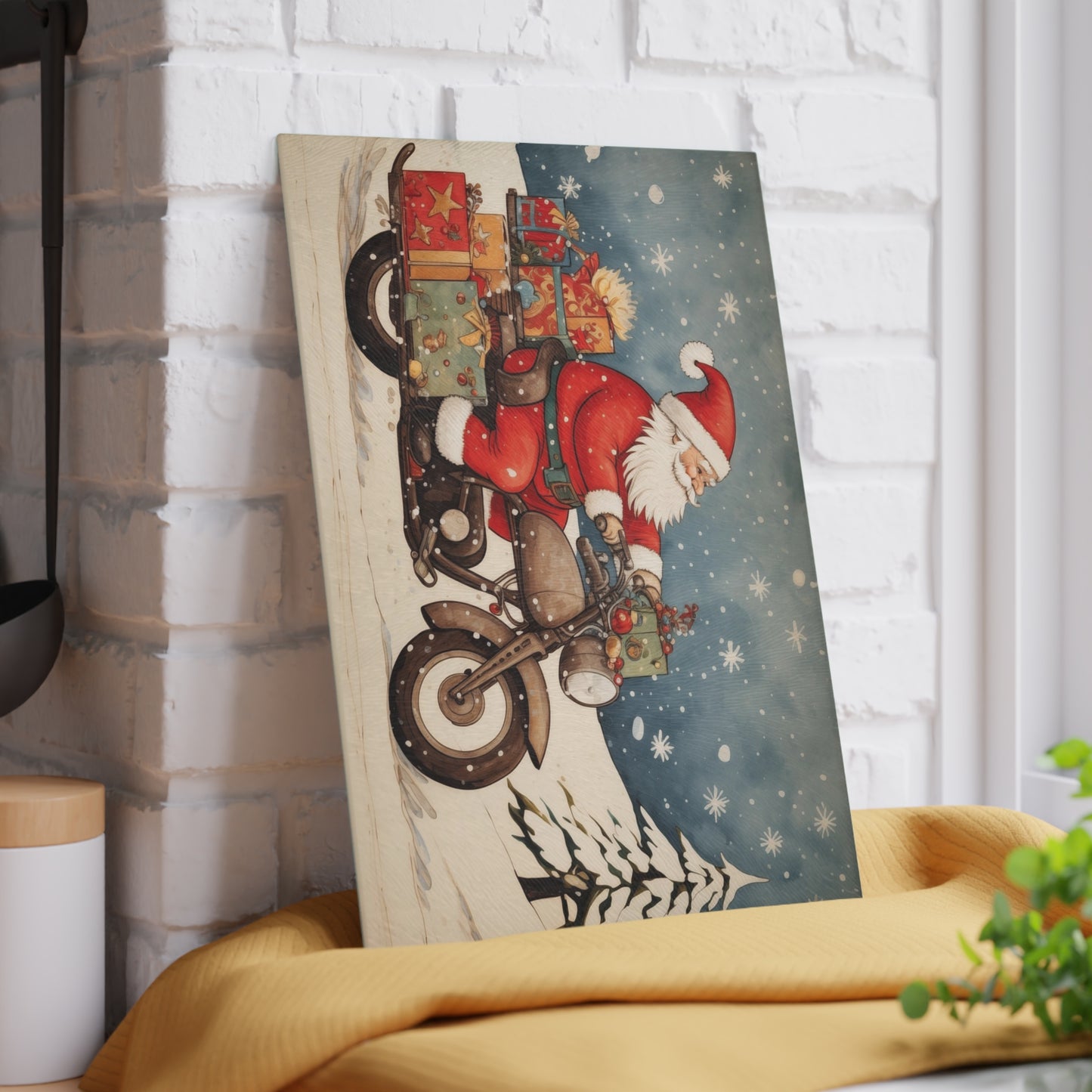 Festive Santa Motorcycle Glass Cutting Board, Holiday Kitchen Decor, Christmas Gift, Unique Cookware, Santa Gift Idea