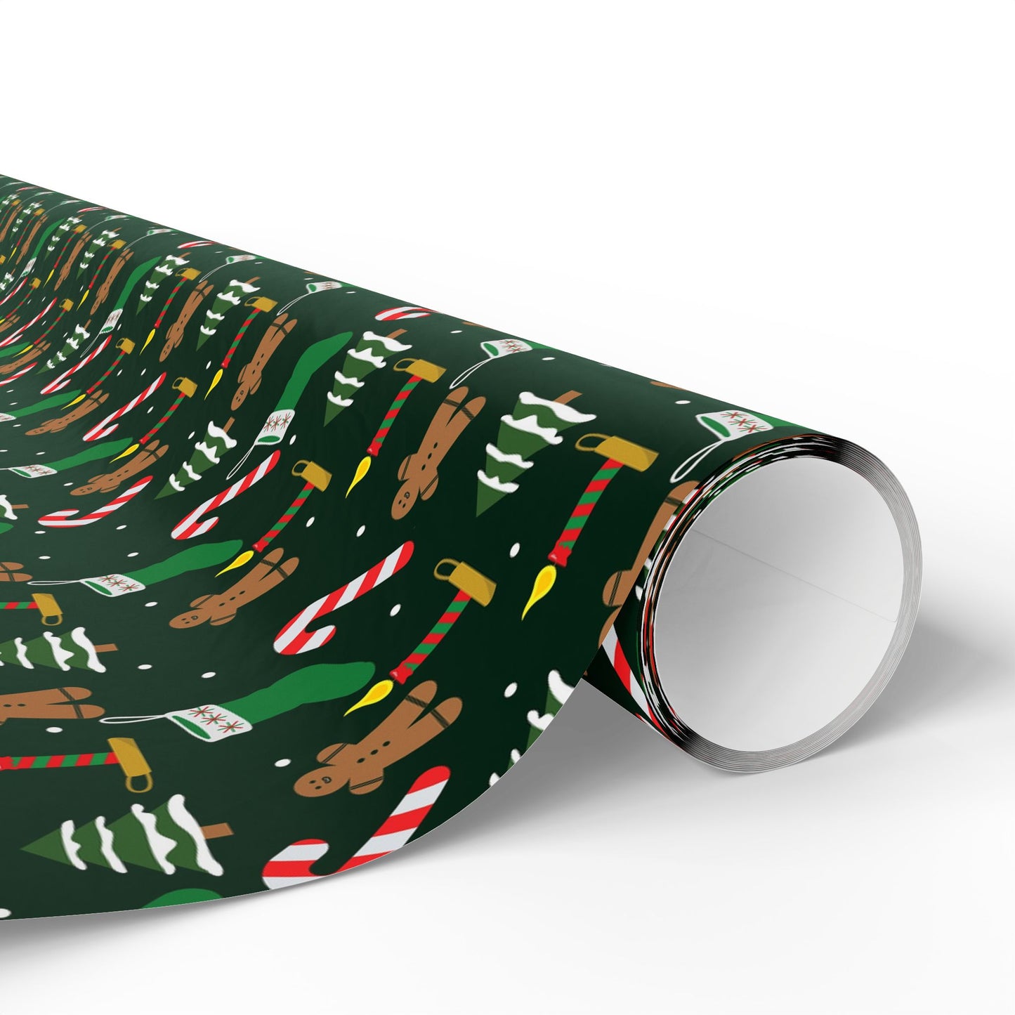 Christmas Wrapping Paper Roll — Gingerbread & Candy Cane Pattern on Dark Green