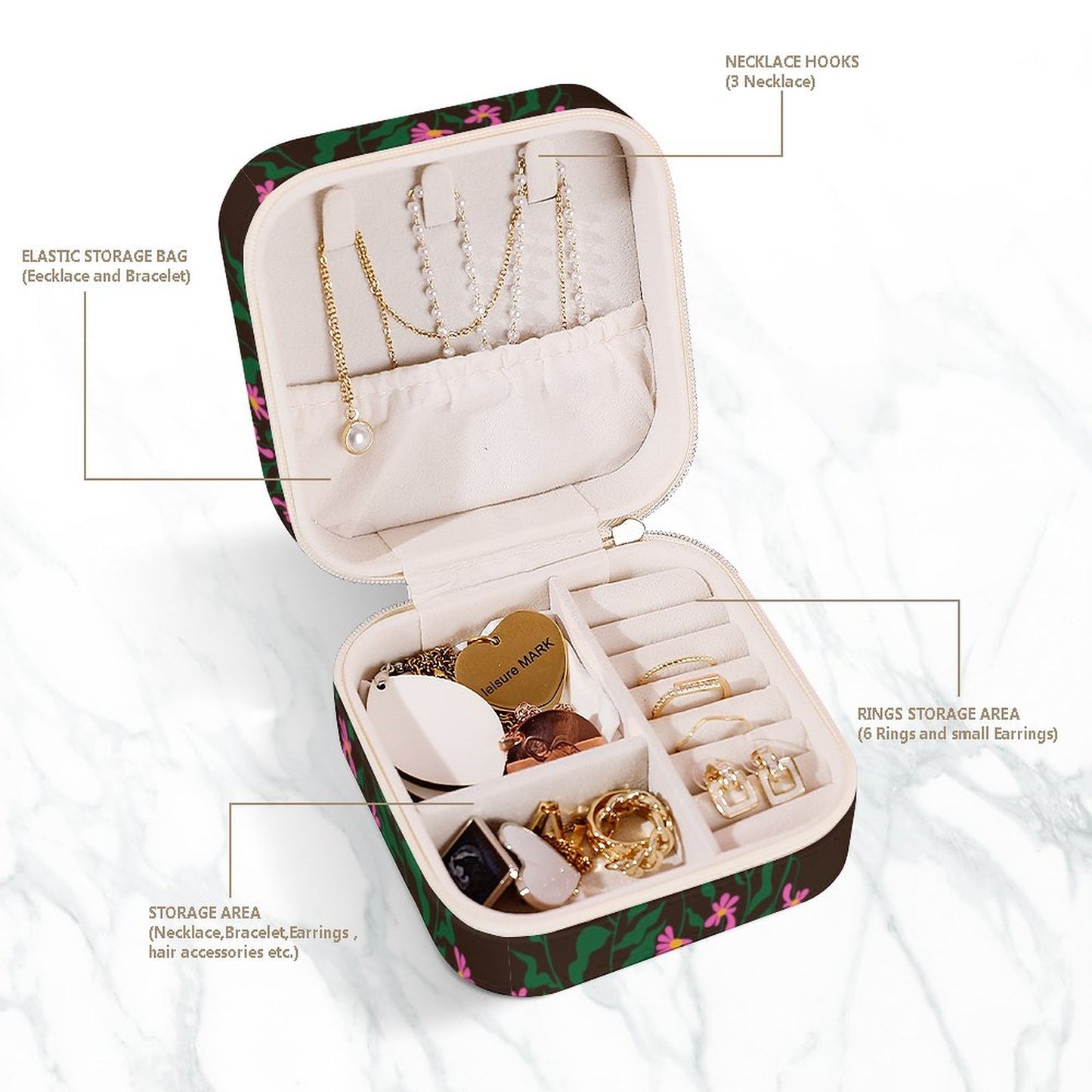 Box Organizer for Jewelry Black with Pink flowers