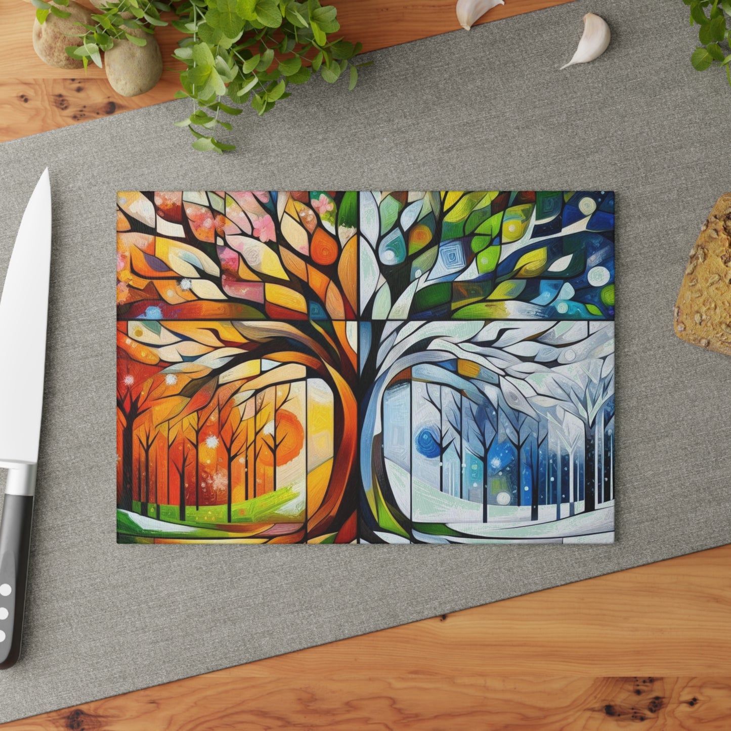 Four Seasons Tree Glass Cutting Board — Colorful Seasonal Kitchen Decor