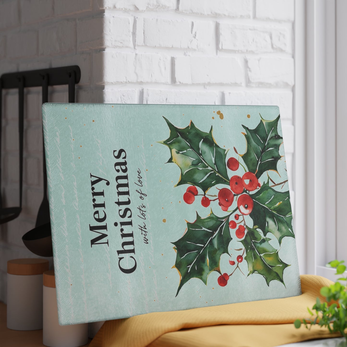 Christmas Holly Glass Cutting Board - "Merry Christmas" Holiday Kitchen Decor