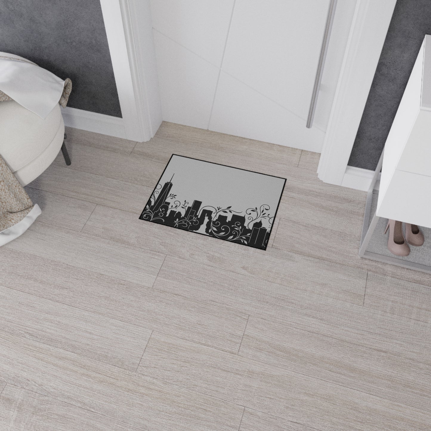 City Skyline Heavy-Duty Floor Mat — Black Urban Floral Door Rug