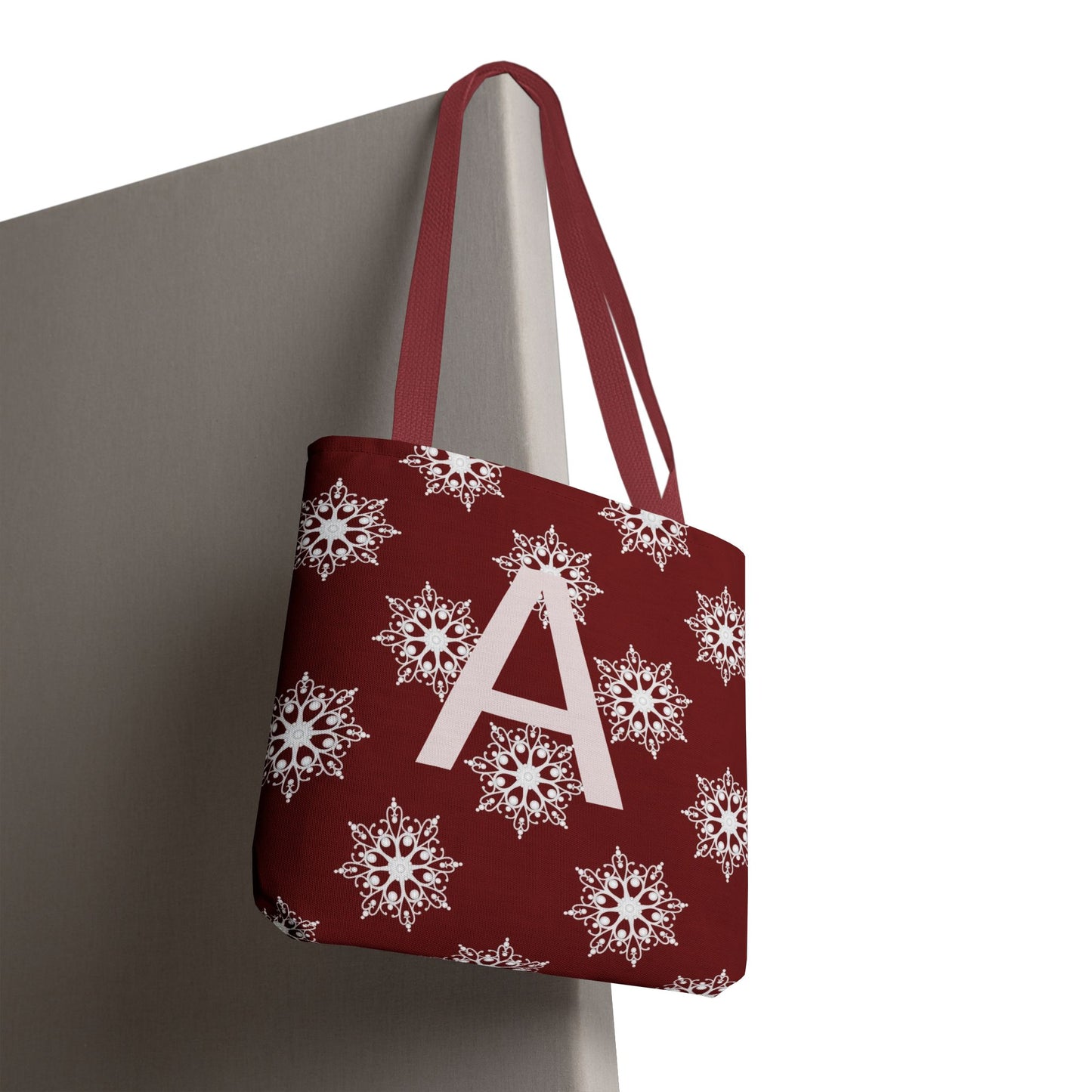 Monogram A Snowflake Tote Bag — Personalized Holiday AOP Tote