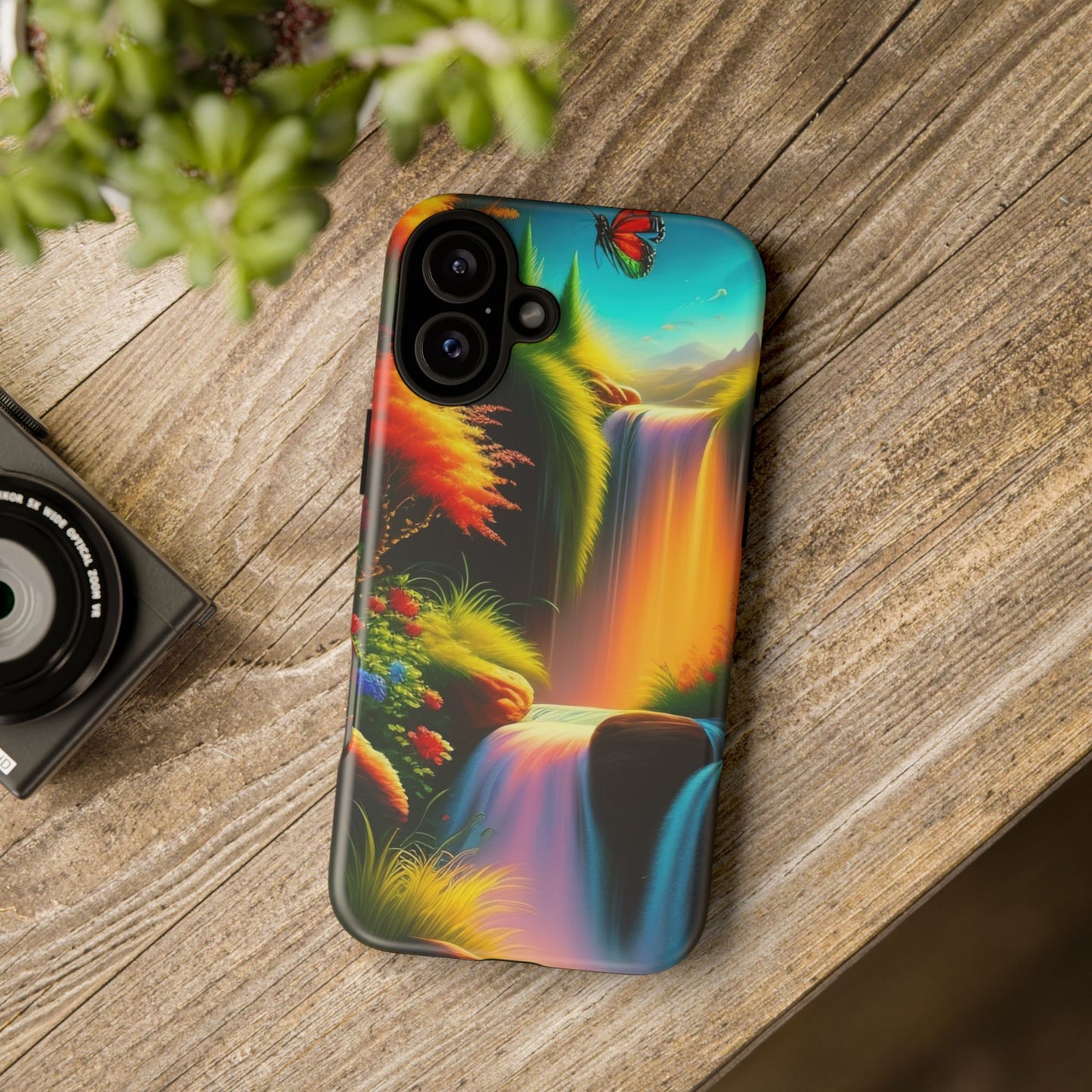 Phone Case - Vibrant Waterfall Landscape with Butterfly | Colorful Nature Protective Case