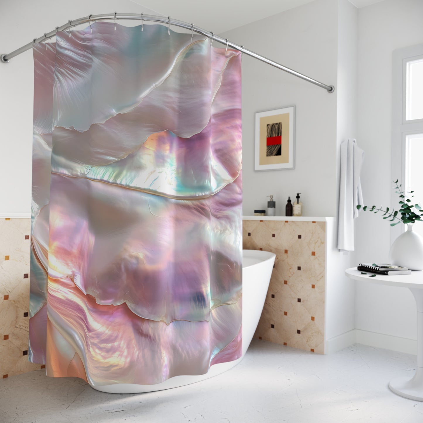 Iridescent Pearl Shower Curtain — Holographic Pastel Bathroom Decor