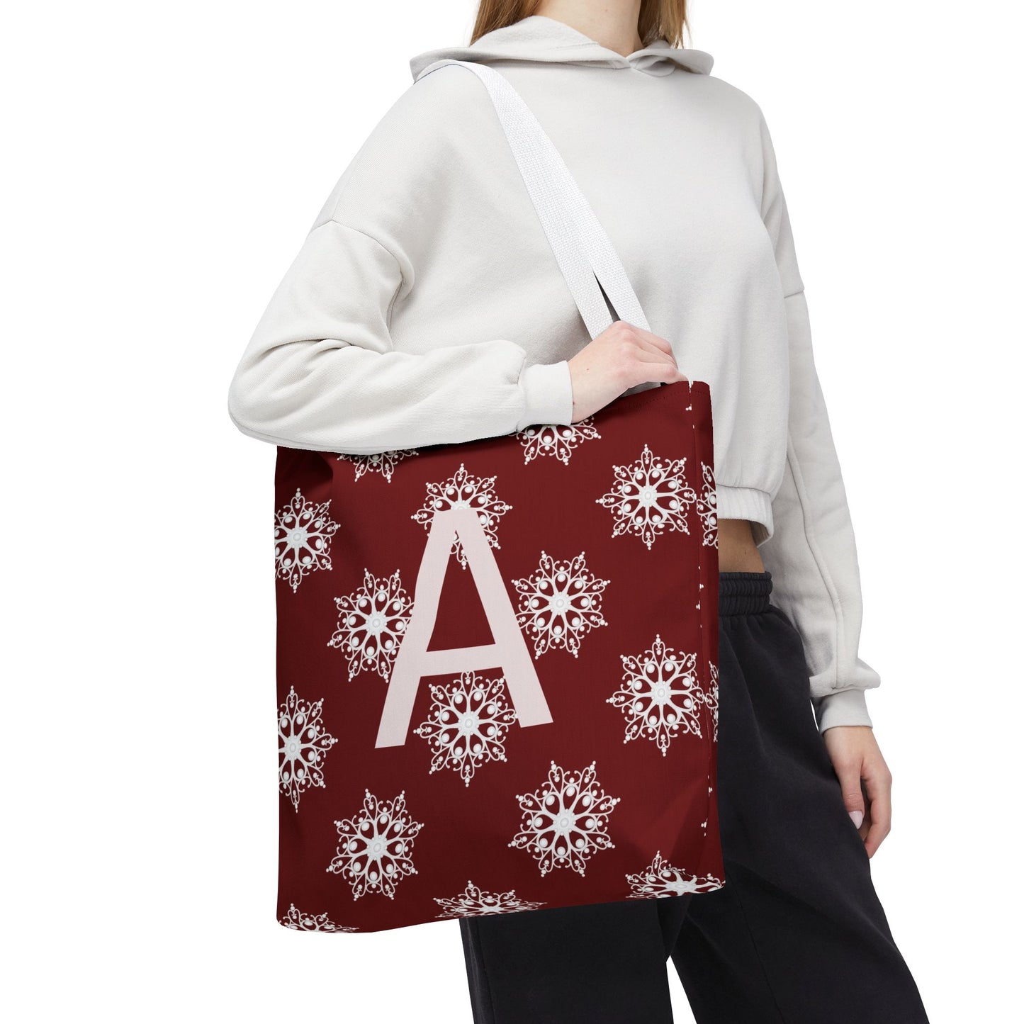 Monogram A Snowflake Tote Bag — Personalized Holiday AOP Tote