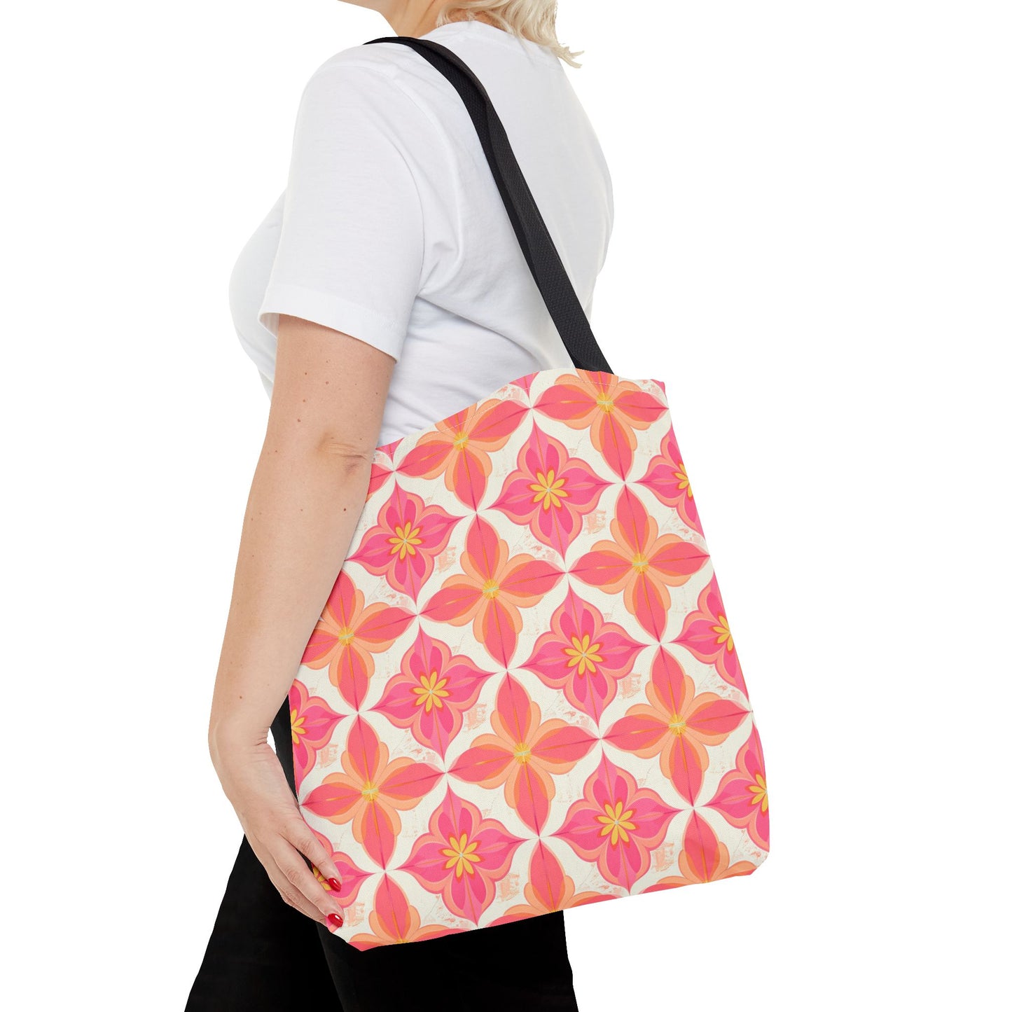 Pink Floral Geometric Tote Bag — All-Over Print Reusable Shopper