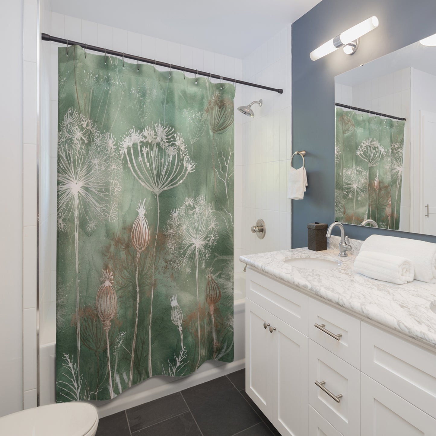 Botanical Dandelion Shower Curtain — Green Floral Bathroom Decor