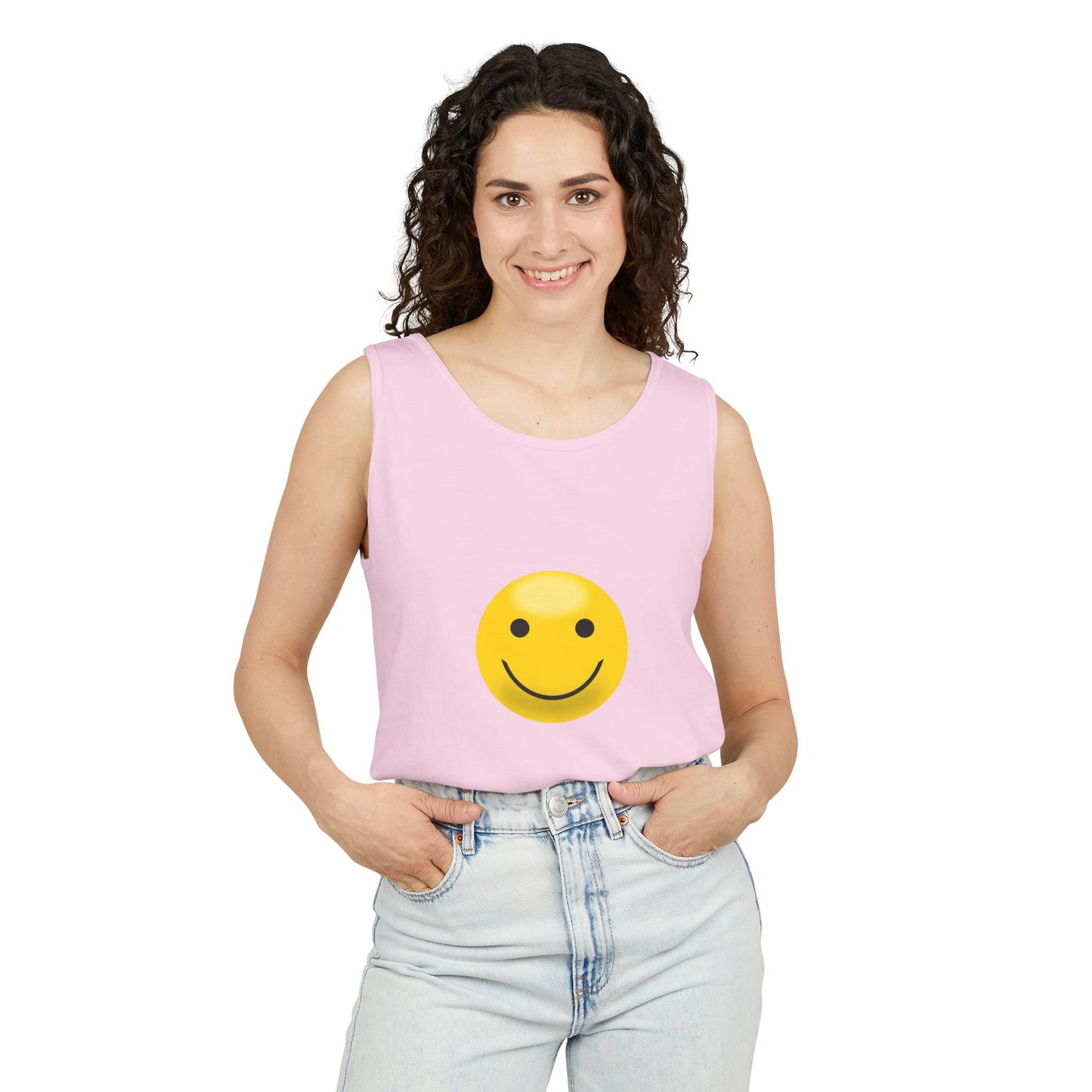 Smiley Face Tank Top, Summer Shirt, Casual Wear, Beach Outing, Gift for Friends, Positive Vibes Apparel
