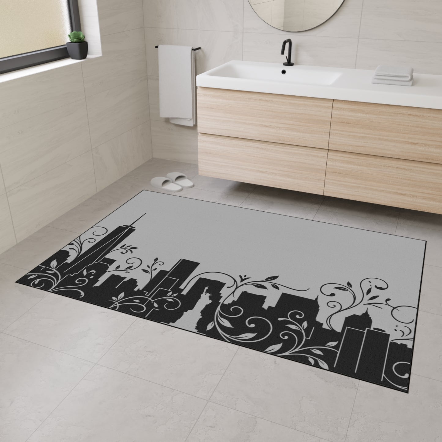 City Skyline Heavy-Duty Floor Mat — Black Urban Floral Door Rug