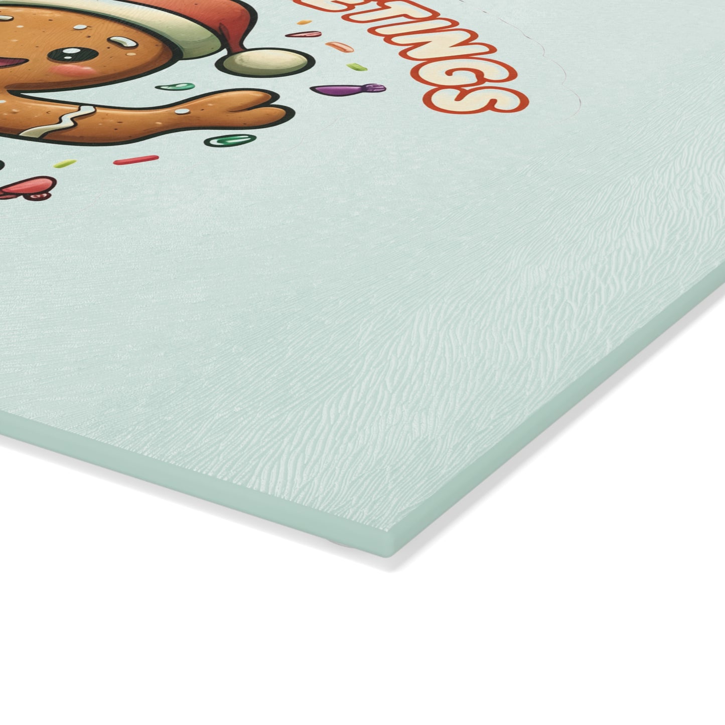 Gingerbread "Sweet Greetings" Glass Cutting Board — Festive Holiday Kitchen Decor