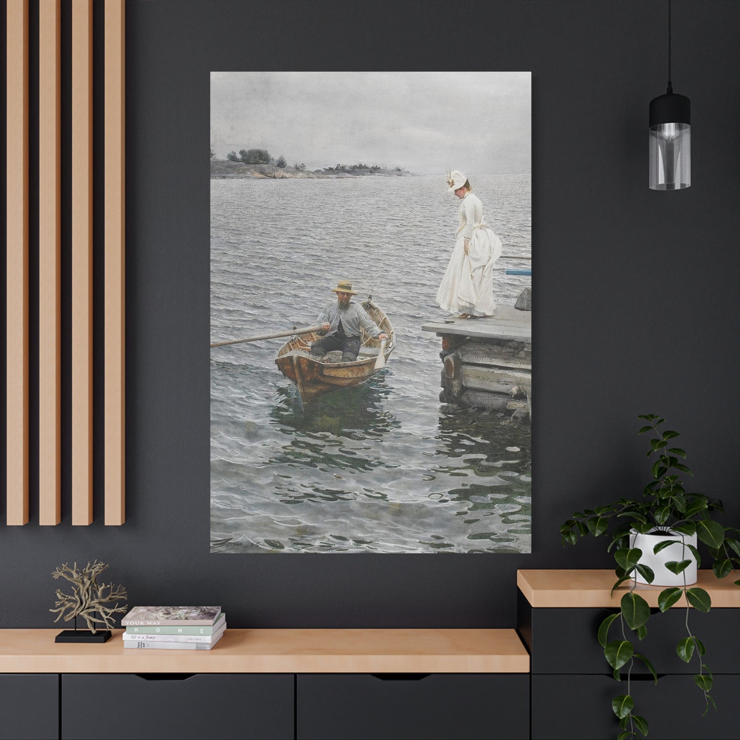 Seaside Stroll Canvas Print — Vintage Woman & Rowboat Matte Stretched Art 1.25"