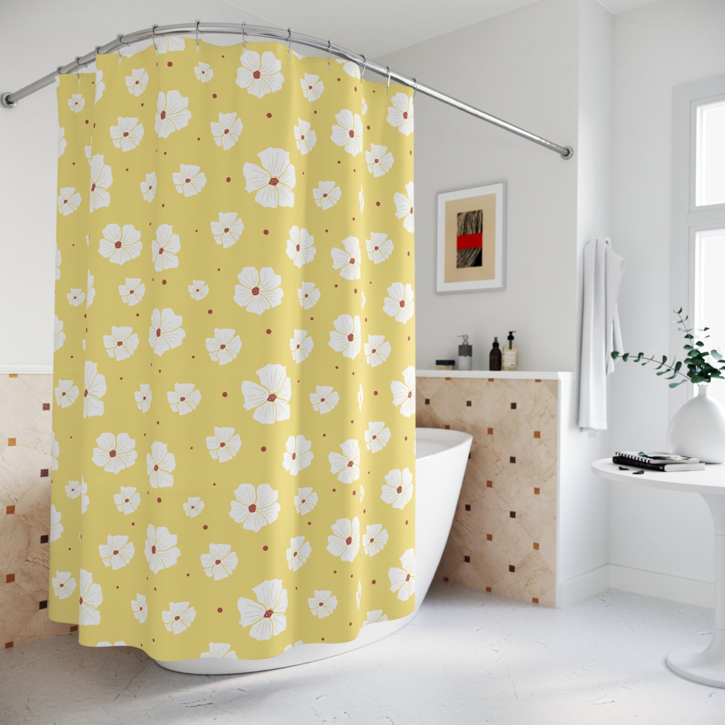 Charming Floral Shower Curtain, Vibrant Bathroom Decor, Happy Yellow Floral Design, Home Accessory, Gift for Her, Spring Decor